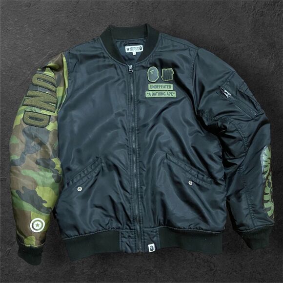 BAPE x Undefeated Shark Woodland Camo MA-1 Bomber Varsity Jacket Men's Size L - Picture 1 of 12